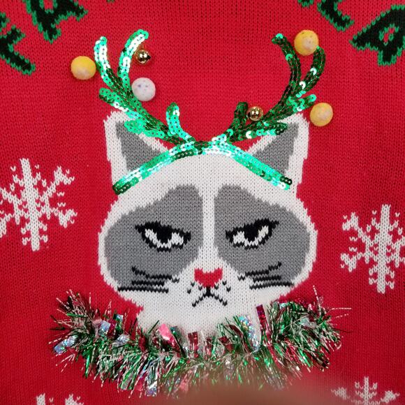 Ugly Christmas Sweater FaLaLaLaLa Nope Grumpy Cat Red Size Small - Picture 4 of 8